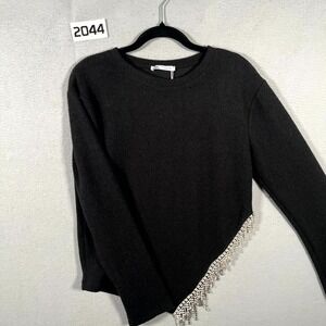 Zara Sweater Womens Medium Black Ribbed Knit Rhinestone Fringe Asymmetric Hem